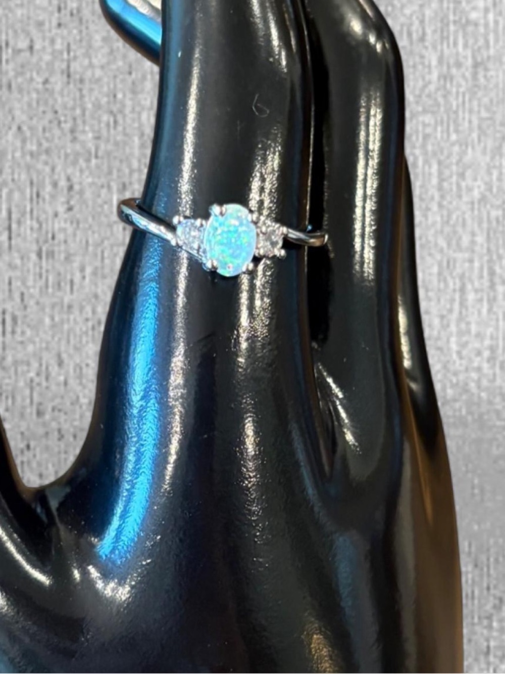 Silver Plated Synthetic Opal Solitaire Ring with Side Crystal Accents